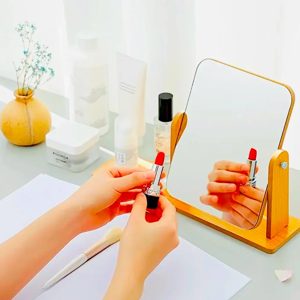 New - Rotatable HD Glass Makeup Mirror with Wooden Stand